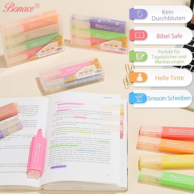 Silver Glitter Highlighters - Chisel Tip, No Bleed, Assorted Colors - 24 Pack Metallic Colors Cute Highlighter Markers, Pastel Highlighters for Journaling and School Supplies for Girls