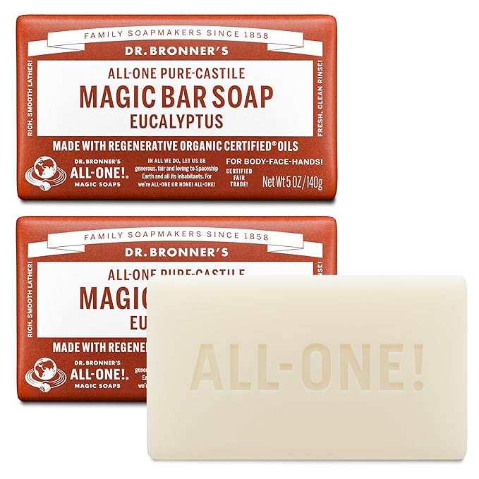 Dr. Bronner's Pure-Castile Magic Bar Soaps - Made with Regenerative Organic Certified Oils - For Face, Body, Hair- Vegan Soap Bars for Men & Women - Eucalyptus 2 pack, 5 oz