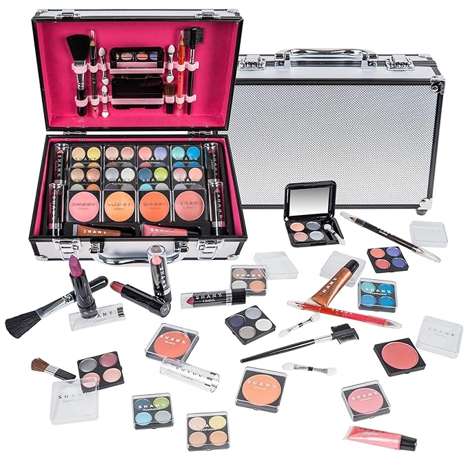 SHANY Carry All Make up Train Case with Pro Makeup Set, Beauty Brushes, Lipsticks, Eye Shadows, Blushes, Powders, and more - Reusable Cosmetics Storage Organizer - Premium Gift Packaging - Silver
