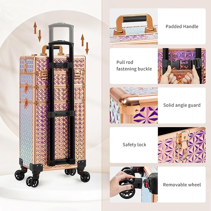 AROUS Rolling Makeup Train Case with 3 Drawers, Cosmetology Case on Wheels Nail Trolley Cart Salon Station Organizer Cases for Nail Tech, Face Painting,Hairstylist, Makeup Artist, Colorful