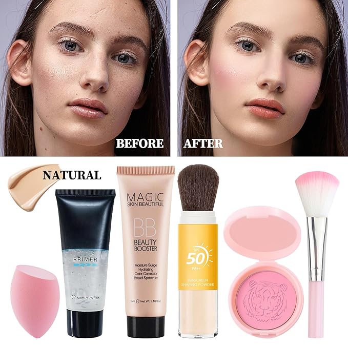 All in One Makeup Kit for Women,Makeup Gift Set Includes Eyeshadow Palette,Blush,Loose Powder,BB Cream,Primer,Eyebrow Pen and Tencils,Mascara,Eyeliner,Lipstick,Lip Oil,Makeup Sponge Brush and Bag,14P