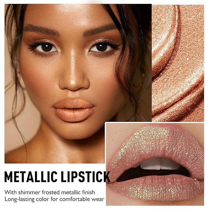 Saharagold Shimmer Metallic Lipstick for Women, Glitter Lip Stick Long Lasting Waterproof Moisturizing Lightweight Full Coverage Lip Makeup, High Shine Non-Sticky Pearl Shiny Cream Lipstick, 06