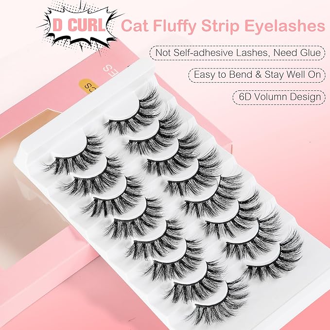 Manga Lashes Natural Eyelashes Spiky False Eyelashes Invisible Band 6D Cat Eye Lashes Wispy Fake Lashes Cosplay Anime Lashes 8 Pairs Asian Doll Lashes