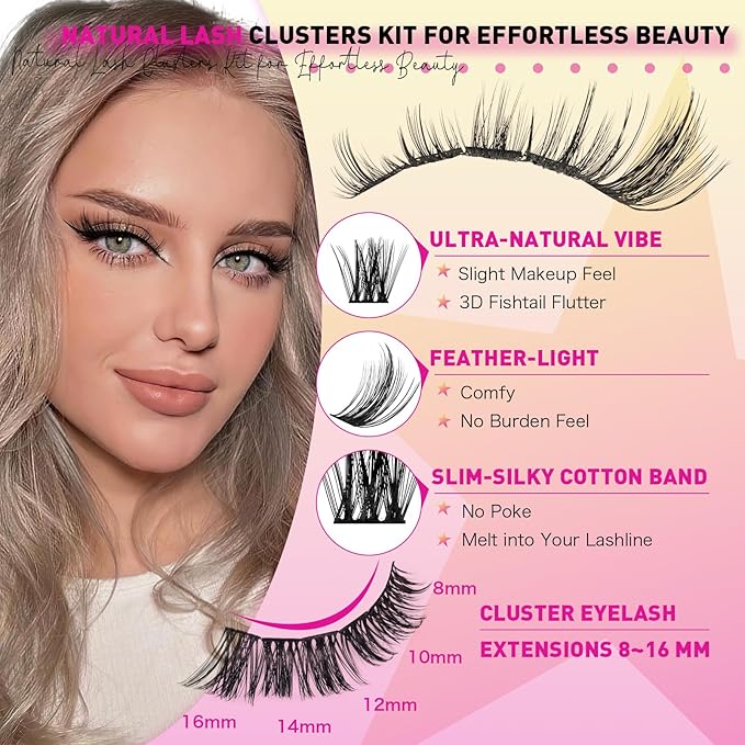WLF Lash Clusters Kit, 144 pcs Individual Eyelash Clusters Lash Extension Kit D Curl Wispy Lash Kit with Eyelash Bond and Seal and Applicator for False Eyelash Extensions(Aether-Mix 8-16mm Kit)