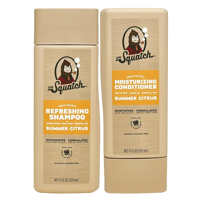 Dr. Squatch Natural Hair Bundle for Men - Healthy, Full Looking Hair - Summer Citrus Shampoo (8 fl oz), Summer Citrus Conditioner (11.5 fl oz)
