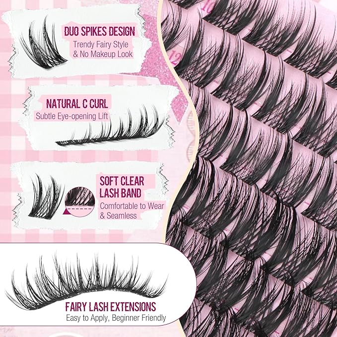 Anime Lash Clusters Fairy Eyelash Clusters Spiky Lash Extensions Natural Lash Clusters Manga C-Curly Individual Lashes Fluffy Wispy Lash Hack Clear Band Cluster Eyelash Extensions (108Pcs, 10-16MM)