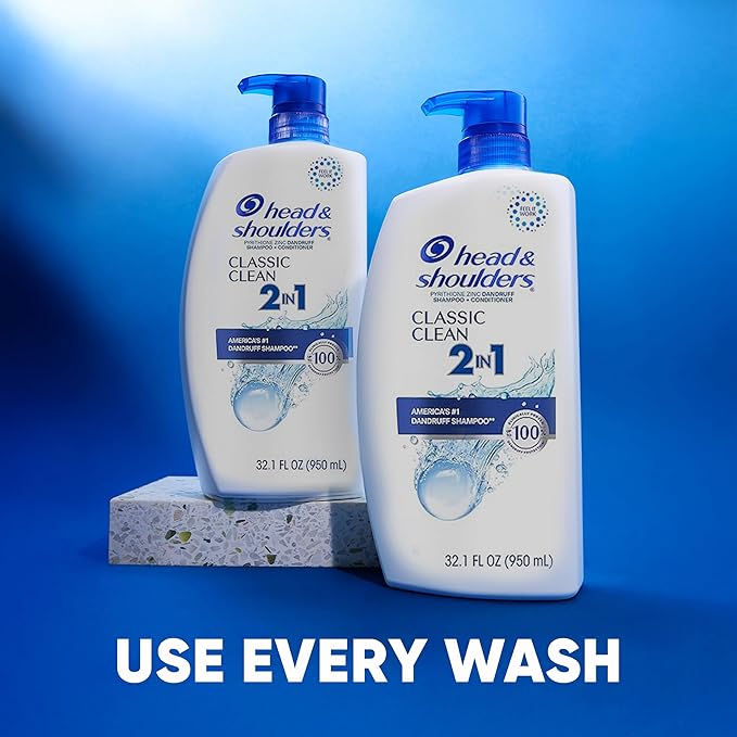 Head & Shoulders Anti-Dandruff Shampoo and Conditioner, Classic Clean 2-in-1 Twin Pack, 1% Pyrithione Zinc, Flake Control, Scalp Care, Color-Safe, 32.1 fl oz Each