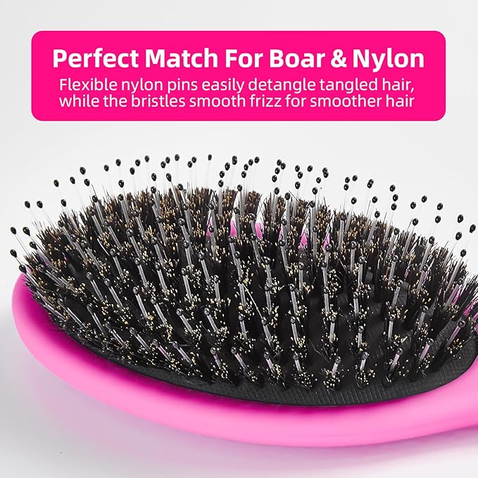 Boar Bristles Hair Brush for Women and Men, Detangling Hair Brush for Smoothing Massage Add Shine, Nylon&Boar Bristles Detangler brush for Hair Healthy (HotPink)