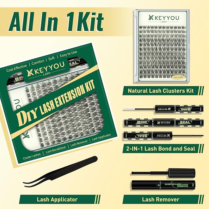 KEYYOULASH Lash Clusters Kit 144pcs 8-18MIX Natural&Wispy Cluster Lashes Thin Band Lash Extension Kit with Bond and Seal,Remover,Applicators for DIY Fluffy Eyelash Extension Kit at Home(KY02 Kit)