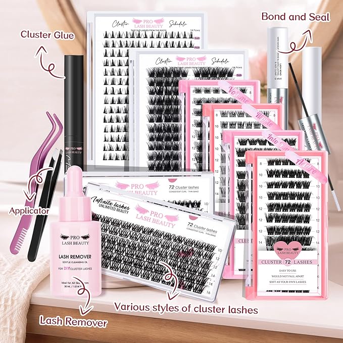 PRO LASHBEAUTY Cluster Lashes Lash Clusters Individual Lashes DIY Eyelash Extension C-8-16mix Thin Band Easy to Apply at home Lashes (Adore, C-8-16mix)