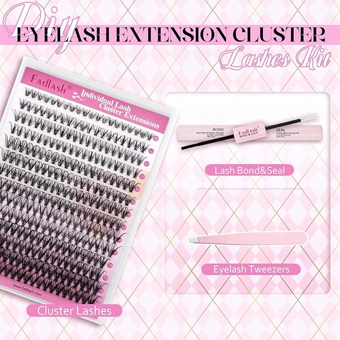 FADLASH DIY Lash Extension Kit Individual Lashes Cluster D Curl Eyelash Extension Kit with Lash Bond and Seal and Lash Applicator Tool for Self Application at Home (20D-0.07D-8-16MIX KIT)