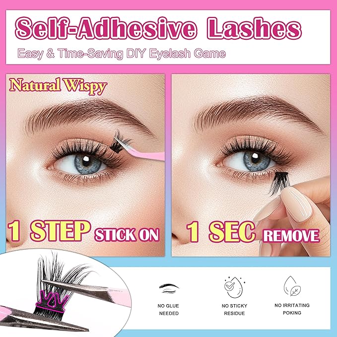 JoMay Self-Adhesive Eyelashes, Press on Lashes No Glue Needed, Glueless Pre-Glued D Curl Cluster Lashes for Beginners, No Residue, Pre-Separated L/R Eye, 1-Step DIY, 120PCS (X10)