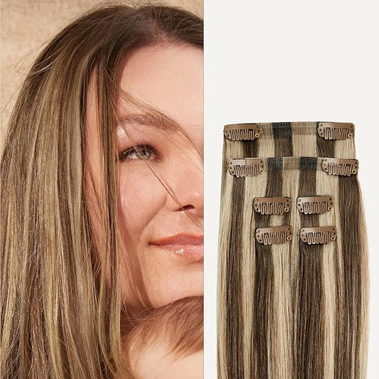 Luxy 100% Remy Human Hair Extensions for Thin Hair Thinning Hair Fill-Ins – 6 Seamless Wefts Multi-Dimensional Color Blend - Natural-Looking Volume & Coverage 95 grams 20" Ash Brown Highlights