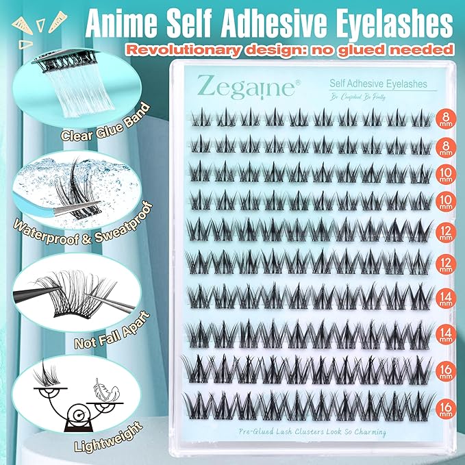 Zegaine Manga Self Adhesive Eyelashes Natural Look Self Adhesive Lash Clusters No Glue Needed Asian Anime Pre Glued Lashes Natural Lash Clusters Reusable C-Curly Spiky Pre Glued Eyelashes 8-16MM