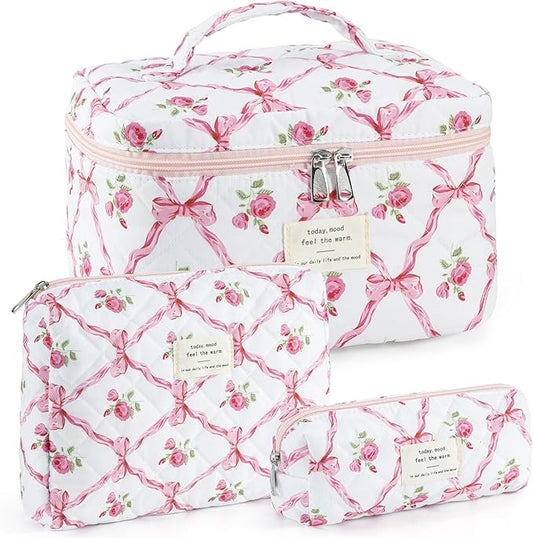 Makeup Bag for Women 3PCS Quilted Cotton Make Up Bag Travel Cosmetic Bag Large Makeup Bag Set Cute Bow Makeups Organizer Floral Toiletry Pouch for Purse, Pink