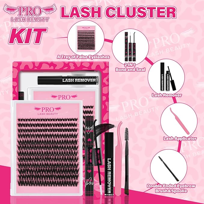 PRO LASHBEAUTY Wispy Lash Clusters Kit with Eyelash Clusters Lash Bond and Seal Eyelash Applictor Lash Remover Lash Extension Kit for Beginner Waterproof Resuable Lashes at Home (Sunrise,8-16mix)