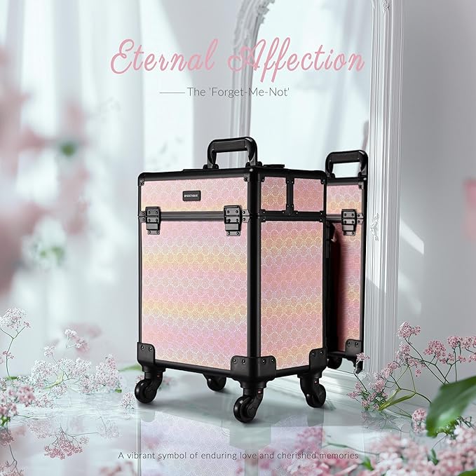 BYOOTIQUE Barber Case False Eyelash Storage Rolling Makeup Cart on Wheels Hairdressing Brush Bags Barber Suitcase for Wedding Beautician Manicurist Hairstylist,Blush ForgetMeNot