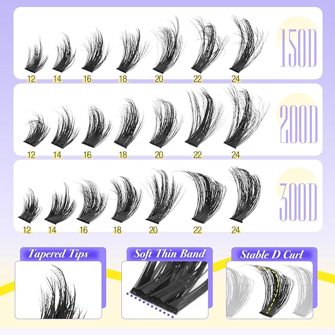 Fluffy Lash Clusters 150D+200D+300D Thick Volume Cluster Eyelash Extensions 12-25mm Dramatic Long Eyelash Clusters Wispy Individual Lashes D Curl Cluster Lashes DIY Glam Lash Extension by Yawamica