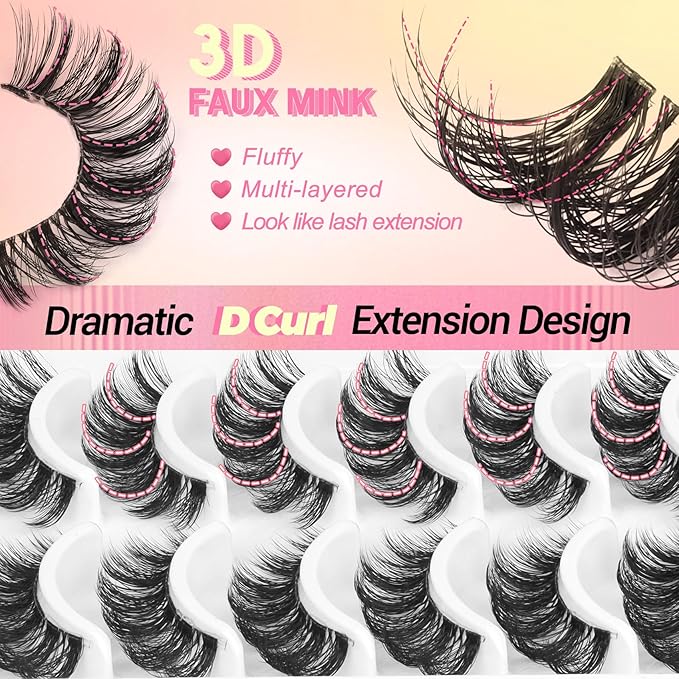 Ahrikiss Russian Lashes Clear Band False Eyelashes Wispy Natural Look, D Curl Fake Strip Eye Lashes Faux Mink Fluffy Eyelashes 10 Pairs Pack(R1)