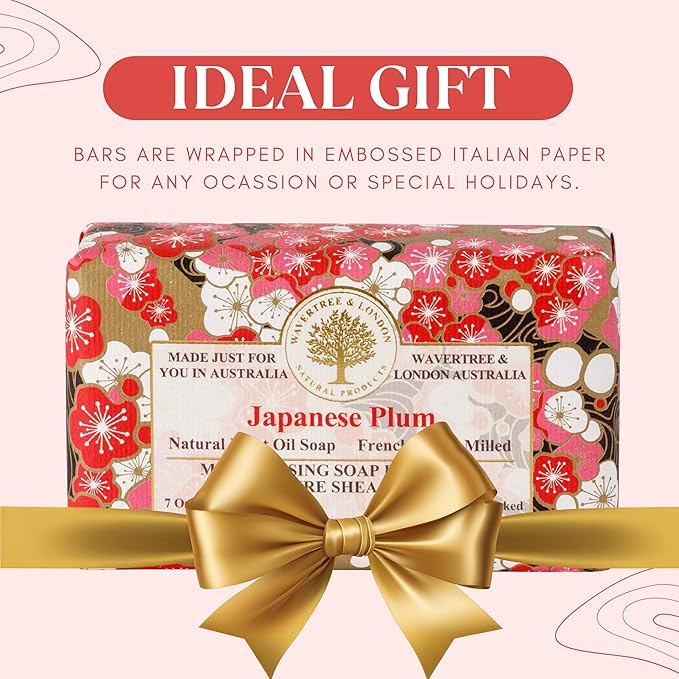 Wavertree & London Japanese Plum Scented Natural Soap (2 Bars), 7oz Moisturizing French Triple Milled Soap Bars enriched with shea butter - Pure Plant Based Bath & Body Bars for All Skin Types