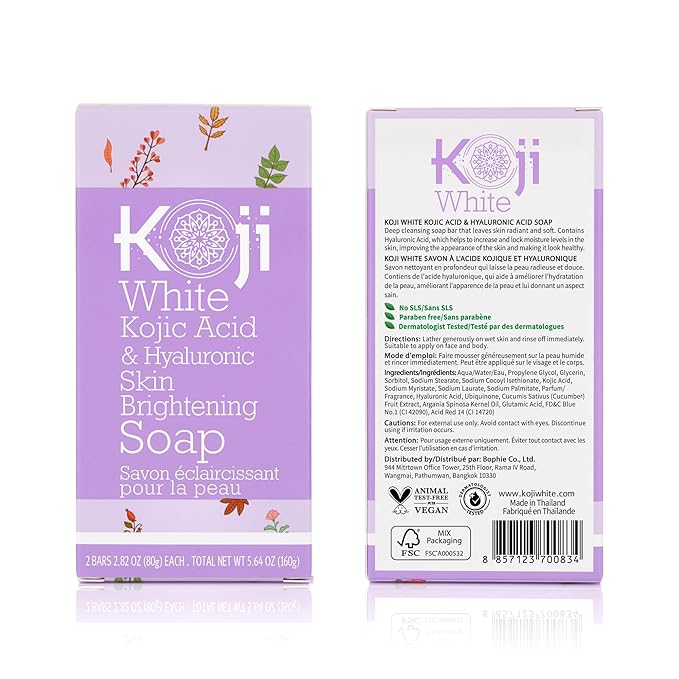 Koji White Kojic Acid & Hyaluronic Acid Skin Brightening Soap for Hydrating, Face Moisturizer, Skin Radiant, Cleansing Bar, Reduces the Appearance of Wrinkles with Vitamin E, Vegan, 2.82 Oz (2 Bars)