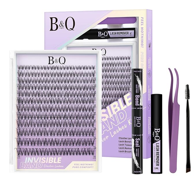B&Q Venus Lash Clusters Kit Natural Lashes Clusters Wispy Invisible Band Manga Lashes Individual Lashes Bond and Seal Eyelash Extension Kit Easy Removal (Venus Kit-8-18MIX)