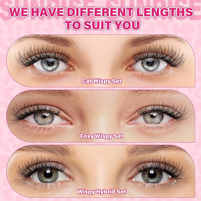 Natural Lash Extension Kit Wispy Lash Clusters Kit Lash Clusters Lash Bond Remover Eyelash Applicator Beginner DIY Lashes Kit Easy to Use(Luna,8-16mix)