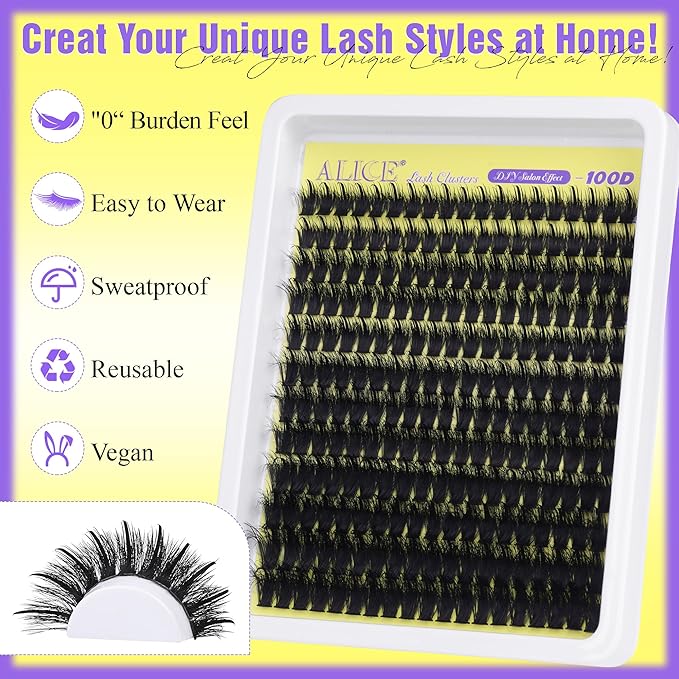 ALICE Wispy Lash Clusters Kit 100D Thick Volume Eyelash Clusters Kit Manga Eyelash Extension Kit Russian D-Curly Individual Lashes Kit with Lash Glue, 228pcs Spiky Lash Extensions, Tweezers