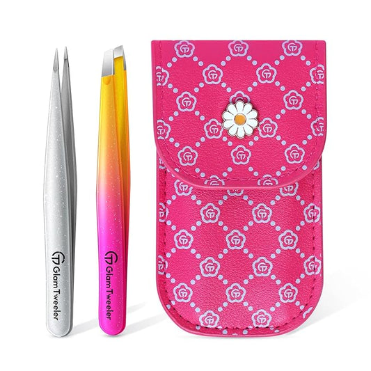 Expert Slant and Point Tip Tweezer Set with Exclusive Travel Case, GlamTweeler Sharp & Precision Tweezer Set for Eyebrows, Facial Hairs & Fine Hairs Removal (Sparkle Hot Pink + Silver)