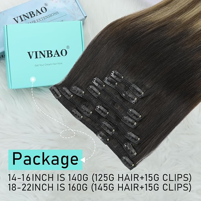 VINBAO Hair Extensions Clip in Human Hair Black Roots to Brown 140g 16 inch 7pcs Black Ombre Dark Brown with Caramel Blonde Clip in Hair Extensions Human Hair (#HC1B427,16'')