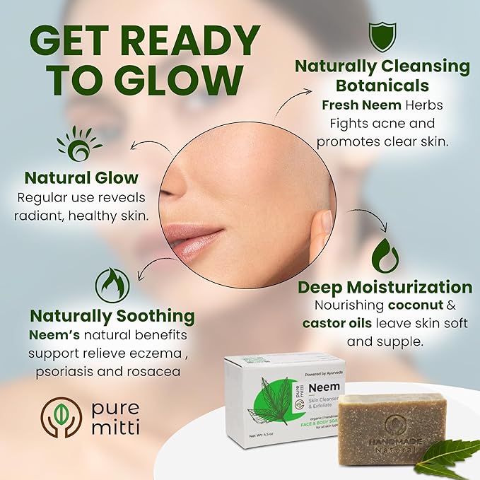 Neem Face, Body Bar Soap 4.5 oz | Ayurvedic Exfoliating, Cleansing Bar with Coconut Oil, Castor Oil | Gentle Bath Soaps for Face Wash, Body Wash | Soft Soap for Daily Use, All Skin Types
