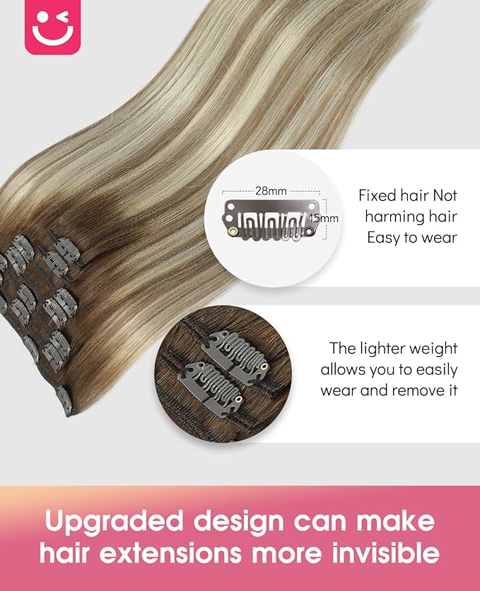 Youngsmile Clip in Hair Extensions Real Human Hair, Remy Human Hair Extensions Clip in Easy to Install 7Pcs 120g 14in, Balayage Brown to Light Brown mixed Light Blonde (CLIP#3/8/22-14Inch)