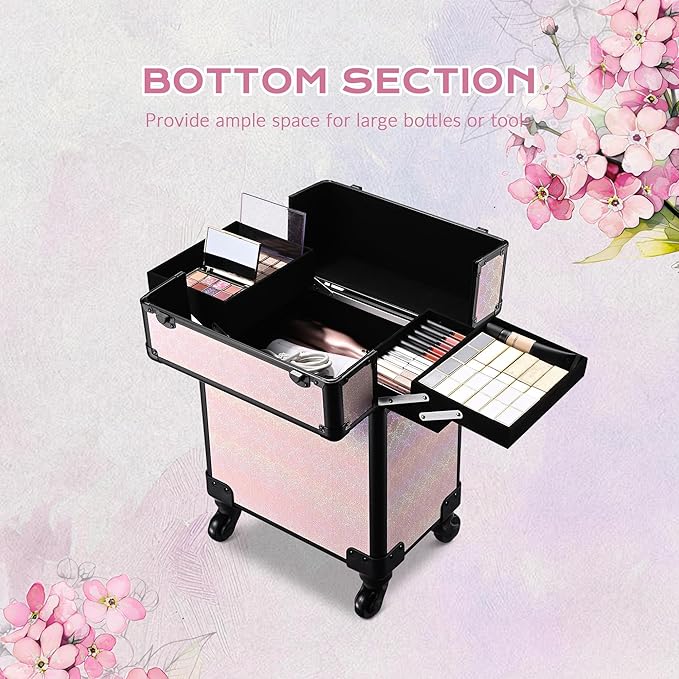 BYOOTIQUE Barber Case False Eyelash Storage Rolling Makeup Cart on Wheels Hairdressing Brush Bags Barber Suitcase for Wedding Beautician Manicurist Hairstylist,Blush ForgetMeNot