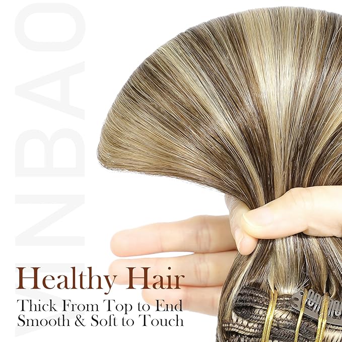 VINBAO Clip in Hair Extensions Real Human Hair Highlights 20In 160G Full Head Clip in Hair Extensions Brown Mix Honey Blonde Straight Remy Hair 7Pcs Thick End (#HC4P27,20'')