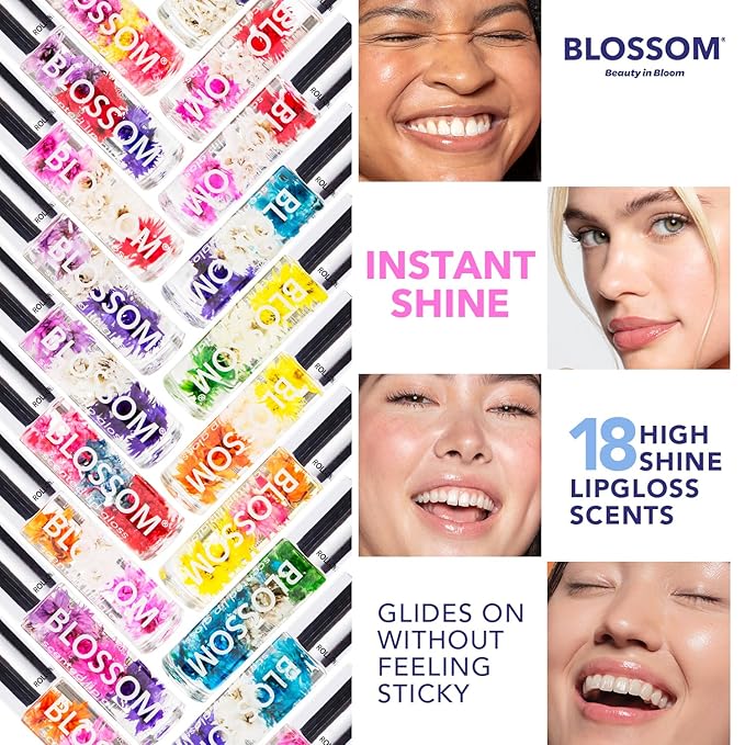 Blossom Scented Roll on Lip Gloss, Infused with Real Flowers, Made in USA, 0.4 fl. oz./11.8ml, 2 pack Gift Set, Strawberry/Raspberry