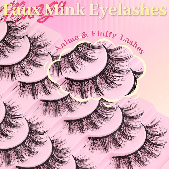 Ahrikiss Lashes Manga Lashes Anime Wispy False Eyelashes 8 Pairs Faux Mink Lashes Kit with Lash Glue and Lash Tweezers Soft Fluffy Fake Eyelashes Natural Look (Princess Kit)