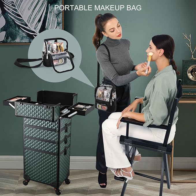 Stagiant Rolling Makeup Case 4 in 1 Cosmetology Case on Wheels Makeup Travel Case with Cosmetic Bag Key Swivel Wheels Salon Barber Case Traveling Cart Trunk Cosmetic Trolley Green