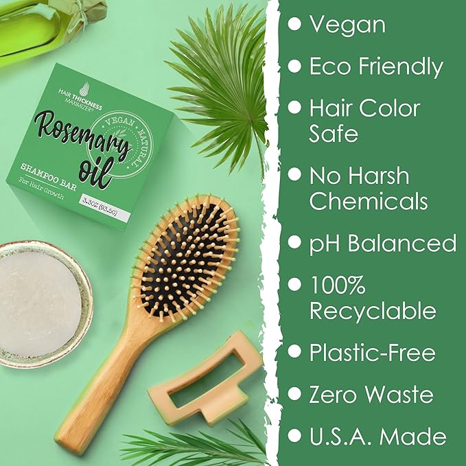 Rosemary Oil for Hair Growth Shampoo Bar. Eco-Friendly,No Harsh Chemicals, Color Safe, pH Balanced. Solid Shampoo Bar Equal To 3 Liquid Bottles. Zero Plastic, USA Made, Strengthening & Dry Hair Relief