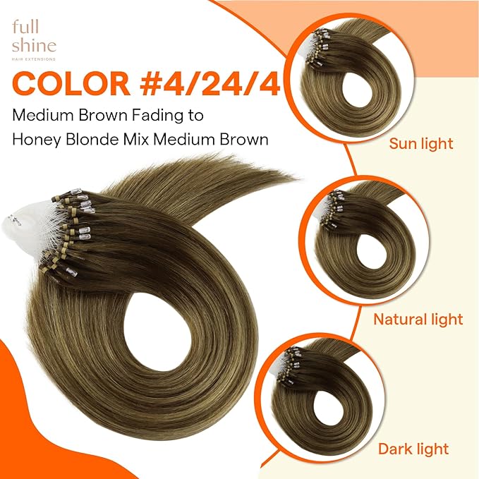 Full Shine Micro Link Extensions Human Hair Color 4/24/4 Brown and Blonde Prebonded Microloop Extensions 24 Inch Straight Remy Hair Extensions 50 Grams