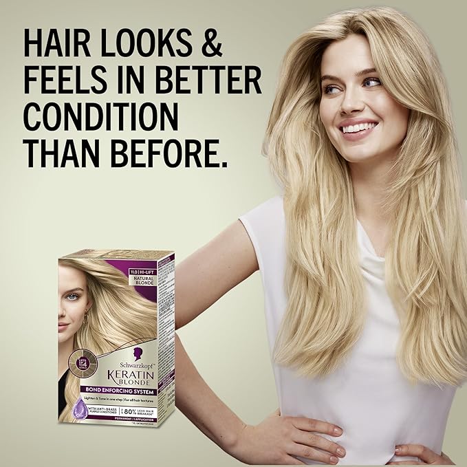 Schwarzkopf Keratin Blonde Hair Dye, 11.0 Natural Blonde, Professional Quality Hi-Lift Permanent Hair Color, Bond Enforcing System Helps Prevent Breakage* Pre-Color Serum & Purple Conditioner Included