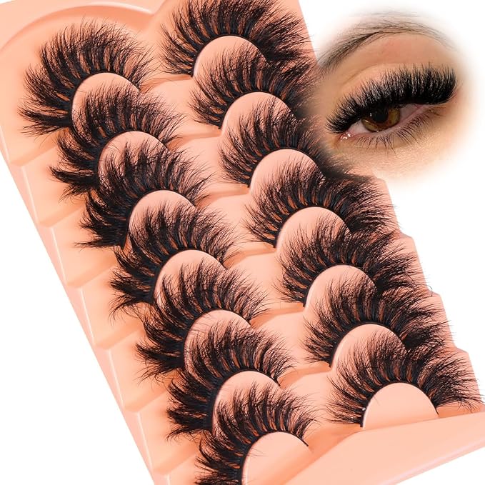 Mink Lashes Fluffy False Eyelashes 20mm 3D Volume Cat Eye Lashes Faux Mink Eyelash Wispy Fake Eyelashes Long Thick Strips Lash Pack, 7 Pairs