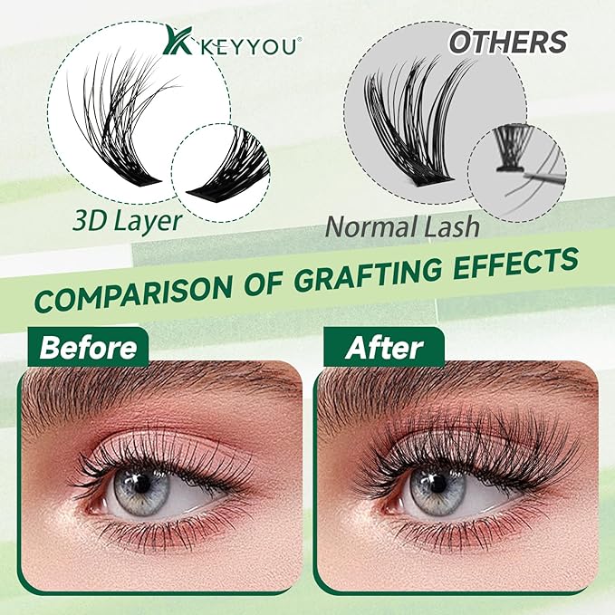 KEYYOU 3D Effect Lash Extension Kit - 280pcs D Curl 8-16MIX Eyelash Clusters with Lash Bond, Seal, Tweezers, Remover & Brush for Volume (Brown, Faux Mink, Adhesive Mount)