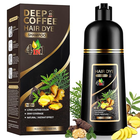 4 in 1 Dark Brown Hair Dye Shampoo for Gray Hair, Semi-Permanent Instant Hair Color Shampoo for Women and Men, Herbal Ingredients Hair Care, 100% Grey Coverage 500ml(Coffee/Dark Brown)