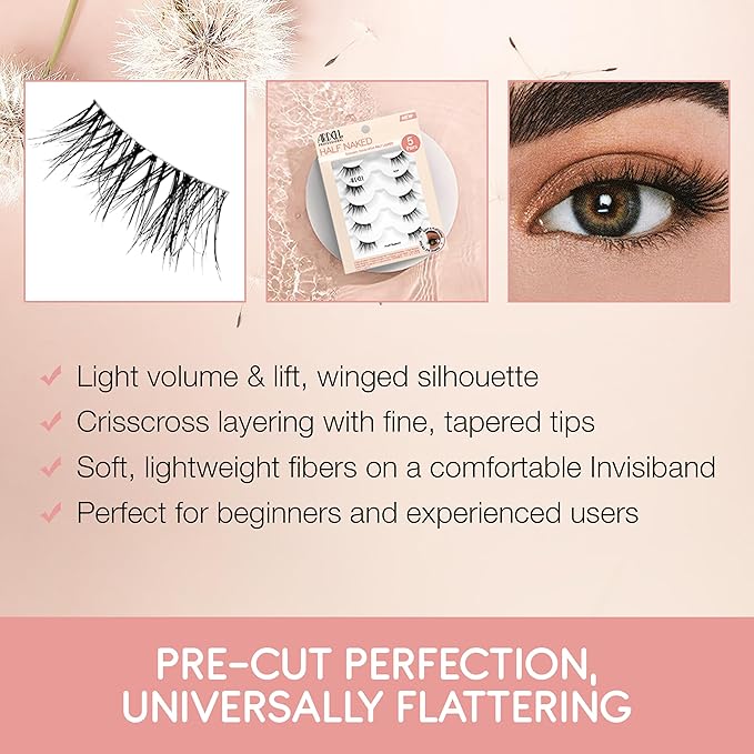 Ardell Naked Half Lashes 434 - Delicately Handcrafted Cat Eye False Eyelashes, 5-Pairs, 1-Pack