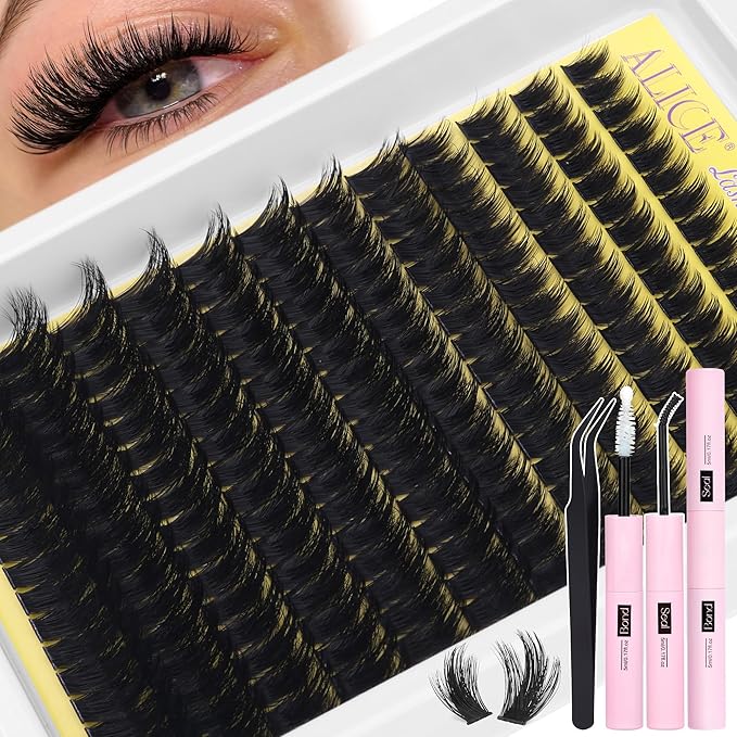 ALICE Fluffier Volume Lash Clusters Kit - Wispy Eyelash Clusters Kit 204pcs Thick 100D Spiky Russian D-Curly Anime Eyelash Extension Kit - Individual Lashes Kit with Lash Glue for DIY at Home