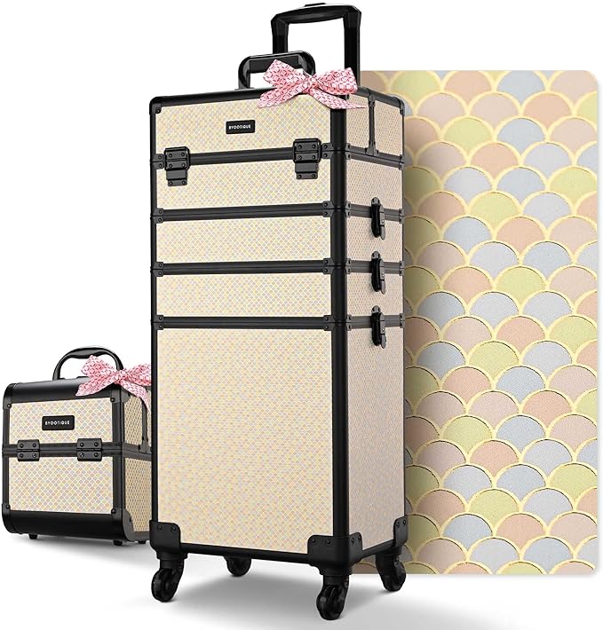 BYOOTIQUE Makeup Train Case Trolley w/Cube Case Cosmetic Organizer Art Deco Pastel