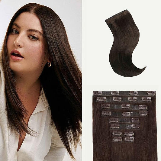 Luxy 100% Remy Human Hair - Seamless Clip-In Hair Extensions - Multi-Dimensional Color for Natural Blending, Adds Volume & Length 160 grams 16" Dark Ash Brown
