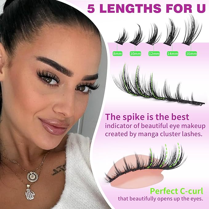 Wispy Lash Clusters Kit Manga Eyelash Extensions Kit with Lash Bond and Seal Spiky Doll Lash Extensions Natural Individual Lashes Kit 165Pcs 8MM-16MM