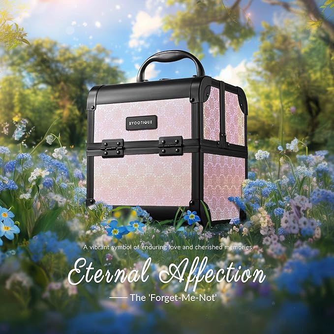 BYOOTIQUE Makeup Train Case with Mirror Small Travel Cosmetic Bag Cosmetology 2-Tier Trays Jewelry Organizer with Lock for Nail Tech Artist Beauty Salon Barbershop,Blush ForgetMeNot