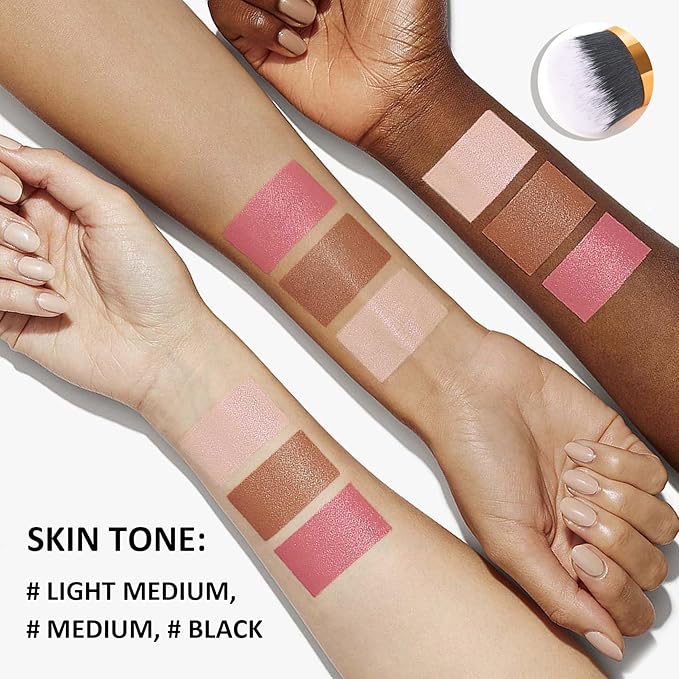 3PCS Cream Contour Stick Kit,Matte Waterproof Blush Highlighter Bronzer Contour Stick with Brush,Non-greasy Creamy Travel Size Contouring Stick Makeup Set for Face,Suitable for All Skin Types